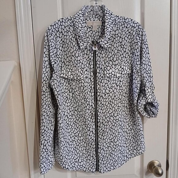 MICHAEL Michael Kors Animal-Print Exposed Zip-Front Shirt Roll tabs Sleeves Sz L - Picture 1 of 5